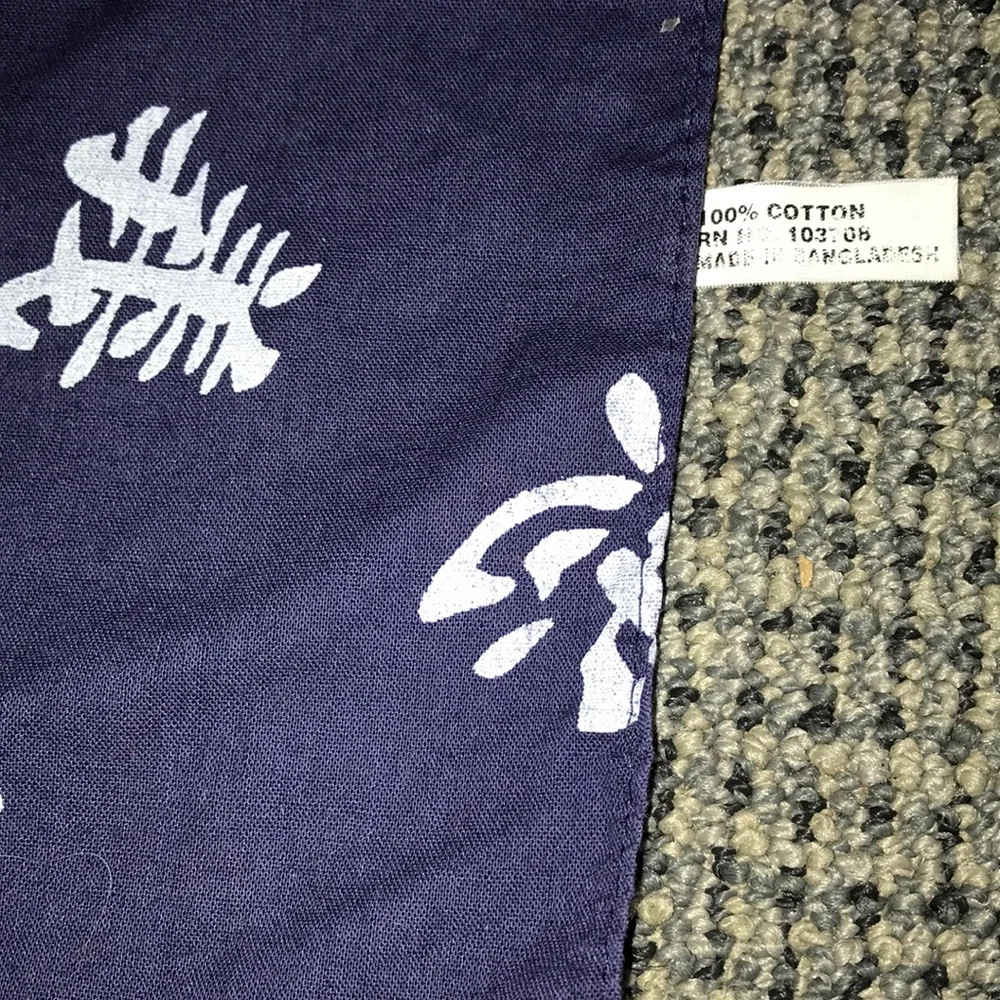 Navy‎ Blue Printed Square Scarf with White Asian Character Motif
